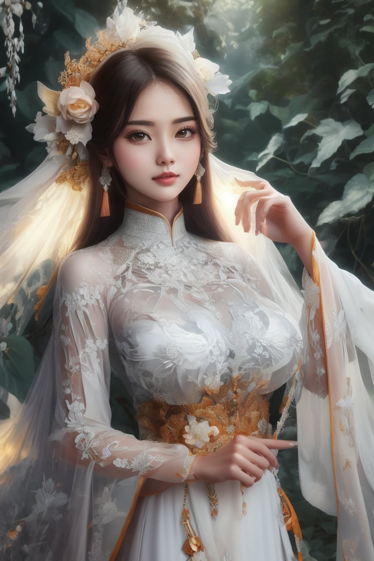 The image depicts a beauty vietnamese girl in white ao dai with her beauty lovely face smiling, standing outdoors amidst ethereal lighting. She is wearing a long, white ao dai with intricate designs on the sleeves.  She is standing in an outdoor setting that appears to be a garden or forest, with trees and rocks visible in the background. Ethereal beams of light filter through the trees, casting an otherworldly glow on the scene. There's a mystical or serene atmosphere created by the combination of natural elements and lighting.,Ao Dai,ao dai,dress,woman,Young beauty spirit ,Vietnamese,Jun_v1, gigantic breasts, huge breasts,  5 foot tall girl, epic tits, short_girl