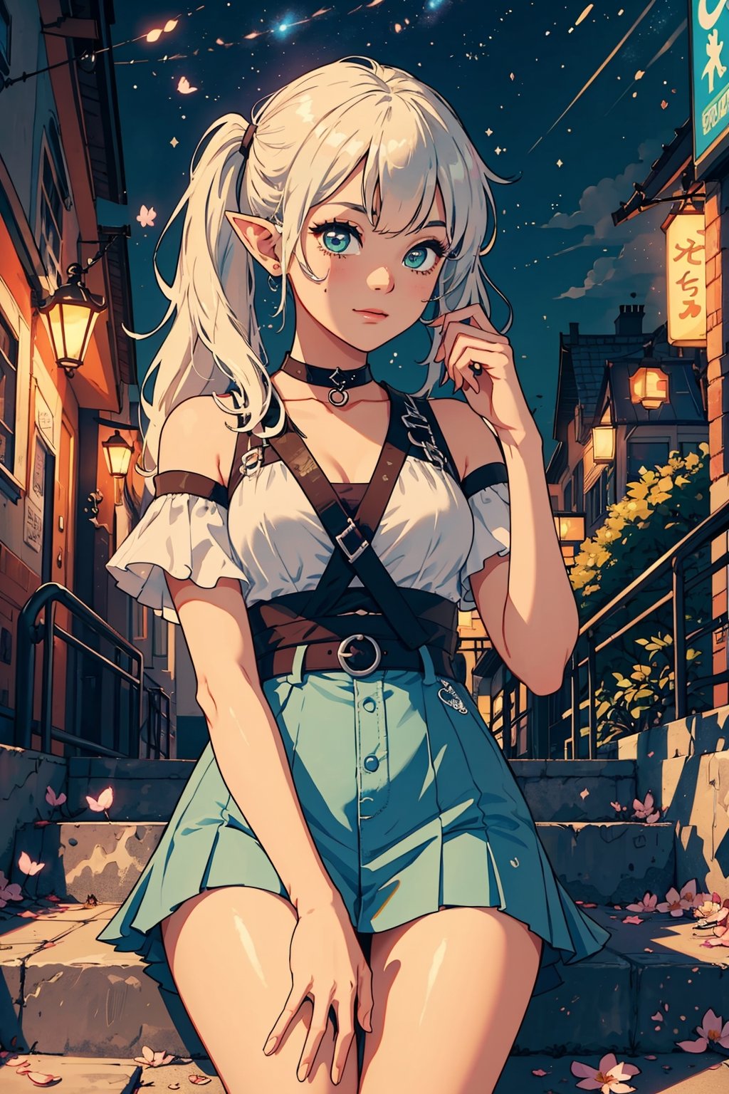 amazing quality,  best quality,  1girl,  solo,  frieren,  green eyes,  white hair,  pigtails,  elf,  portrait,  night,  cityscape,  city lights,  outdoors,  scenery,  stairs,  building,  railing,  flower,  falling petals,  looking at viewer, niji6,,
Negative prompt: worst quality,  low quality,  lowres,  messy,  abstract,  ugly,  disfigured,  bad anatomy,  deformed hands,  fused fingers,  signature,  text,  multi views
Steps: 25, Sampler: Euler a, CFG scale: 7.0, Seed: 3905087722, Size: 896x1152, Model: sd_xl_base_1.0: cbbc87cdf949", Version: v1.6.0.127-beta-3-1-g46a8f36, TaskID: 691365257918248626