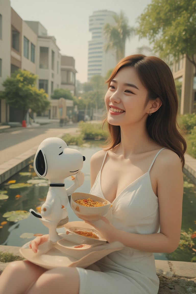 A scene in a suburban neighborhood showing a real young woman laoliang wearing low cut camisole and miniskirt with long wavy brown hair smiling as she brings a bowl of cup noodle to an animated  Snoopy outside of the fish pond