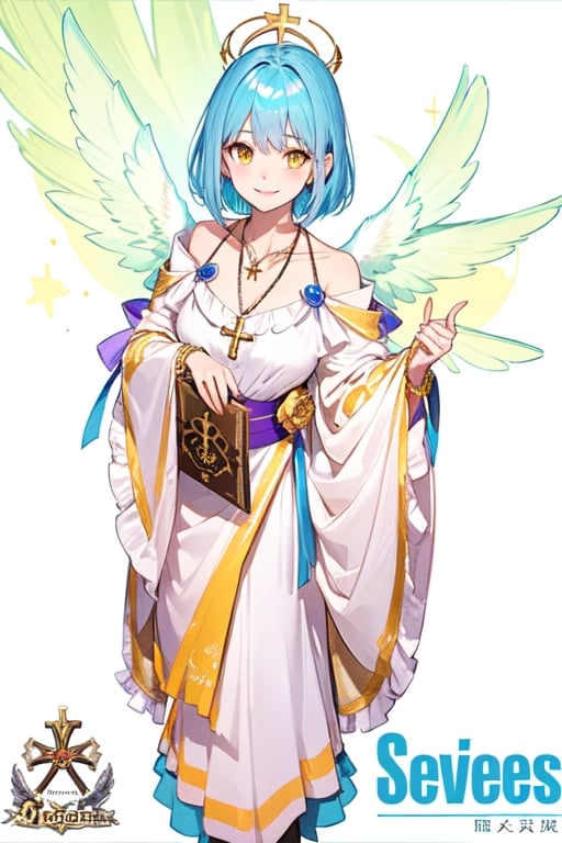 1girl, solo, looking at viewer, smile, short hair, dress, holding, jewelry, blue hair, yellow eyes, flower, pantyhose, wings, necklace, character name, hanging a crystal cross bracelet, copyright name, holding book,angel_wings