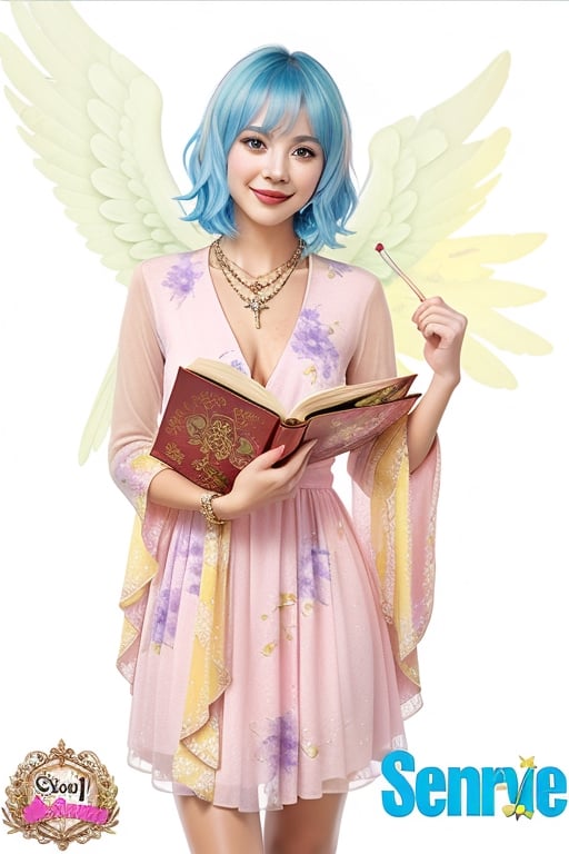 1girl, solo, looking at viewer, smile, short hair, pink dress, holding, jewelry, blue hair, yellow eyes, flower, pantyhose, wings, necklace, character name, crystal cross bracelet on hand, copyright name, holding book,angel_wings,solo,masterpiece