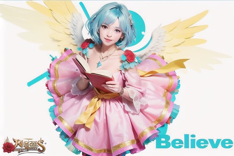 1girl, solo, looking at viewer, smile, short hair, pink dress, holding, jewelry, blue hair, yellow eyes, There are red roses on the shoulders, pantyhose, wings, necklace, character name, crystal cross bracelet on hand, copyright name, holding book,angel_wings,solo,masterpiece,The words in the lower right corner are "Believe"