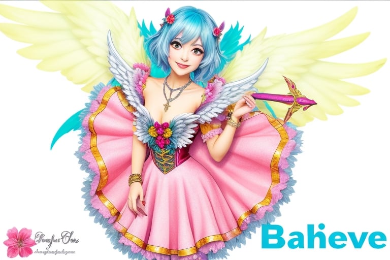 1girl, solo, looking at viewer, smile, short hair, pink dress, holding, jewelry, blue hair, yellow eyes, flower, pantyhose, wings, necklace, character name, crystal cross bracelet on hand, copyright name, holding book,angel_wings,solo,masterpiece