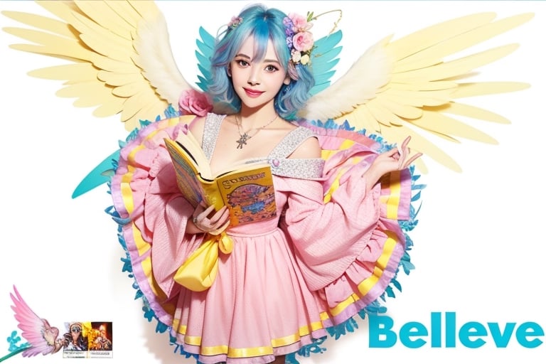 1girl, solo, looking at viewer, smile, short hair, pink dress, holding, jewelry, blue hair, yellow eyes, flower, pantyhose, wings, necklace,cross crystal bracelet on hand, copyright name, holding book,angel_wings,solo,masterpiece,word"Believe"