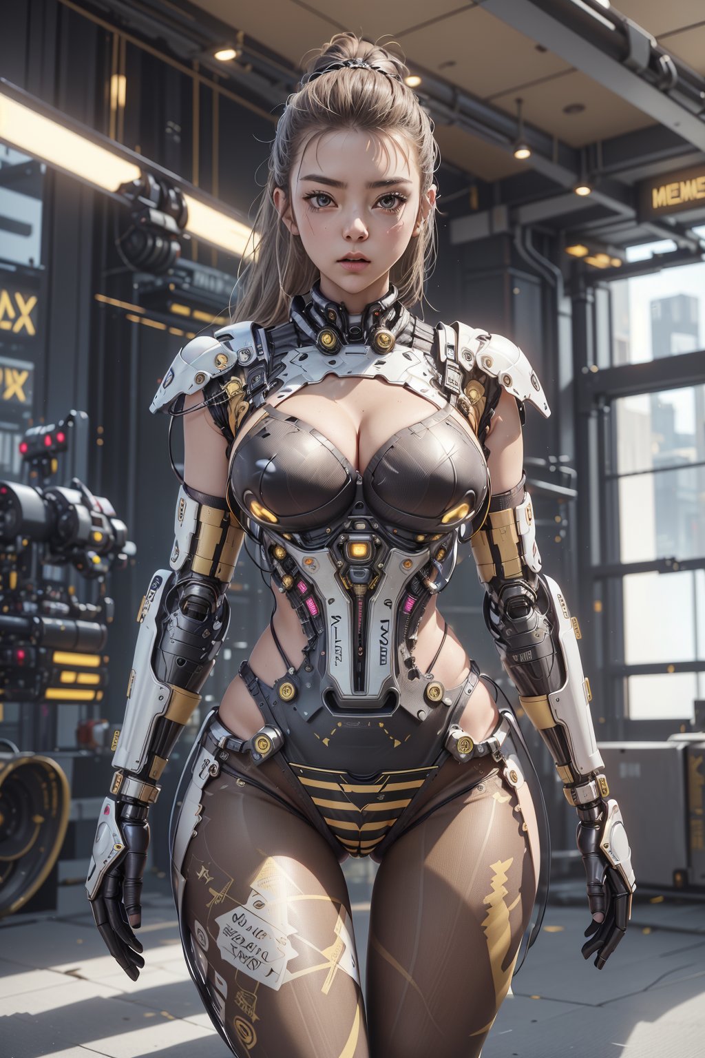 (science_fiction, sci_fi:1.1), (atmospheric particles, flares:1.3), (Natalie Dormer, Anya Taylor-Joy:1.1), (ponytail:1.1), (birthmarks:0.8), (huge breasts cleavage:1.3), (wide hips, thin waist, thick thigh gap:1.4), navel:1.2, (meca, mecha, futuristic armor, cyberarmor, exoskeleton:1.3), (wasp armor, membranous wings, elytras:1.3), (black and yellow striped tights, horizontal stripes:1.4), (corset:0), (laser longsword, sting, dart, fencing:1.2), (bikini, sexy latex suit:1.2), (NSFW, nude, naked, hentai, porn:0.8), (character study, blank background, character design:1.3), (cowboy shot:1.3)