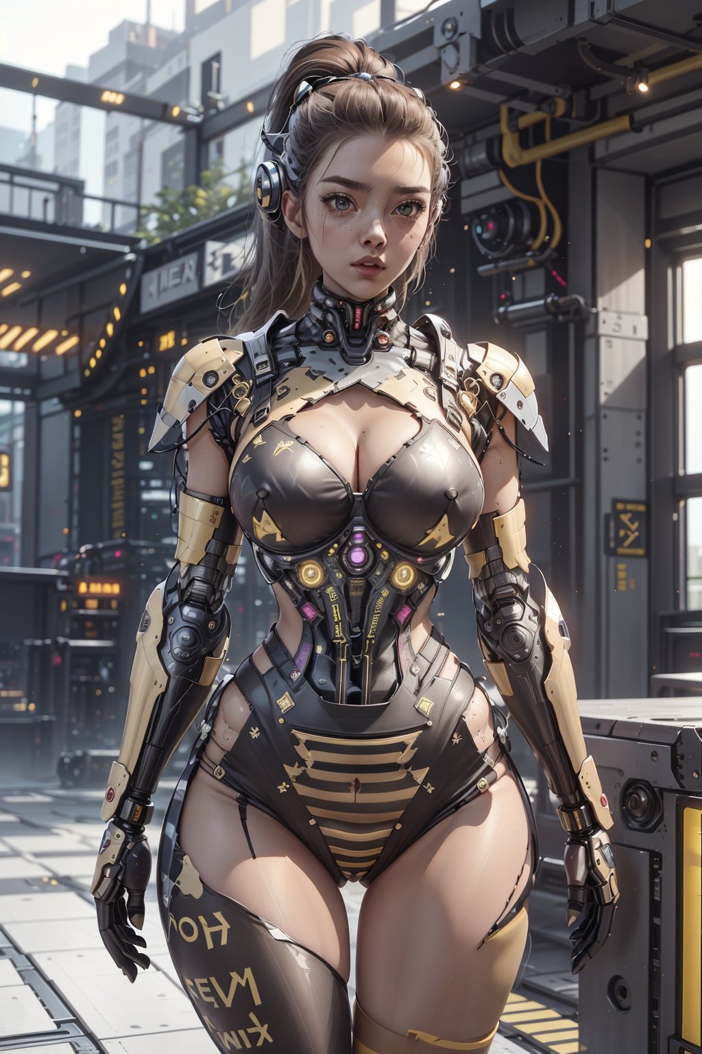 (science_fiction, sci_fi:1.1), (atmospheric particles, flares:1.3), (Natalie Dormer, Anya Taylor-Joy:1.1), (ponytail:1.1), (birthmarks:0.8), (huge breasts cleavage:1.3), (wide hips, thin waist, thick thigh gap:1.4), navel:1.2, (meca, mecha, futuristic armor, cyberarmor, exoskeleton:1.3), (wasp armor, membranous wings, elytras:1.3), (black and yellow striped tights, horizontal stripes:1.4), (corset:0), (laser longsword, sting, dart, fencing:1.2), (bikini, sexy latex suit:1.2), (NSFW, nude, naked, hentai, porn:0.8), (character study, blank background, character design:1.3), (cowboy shot:1.3)