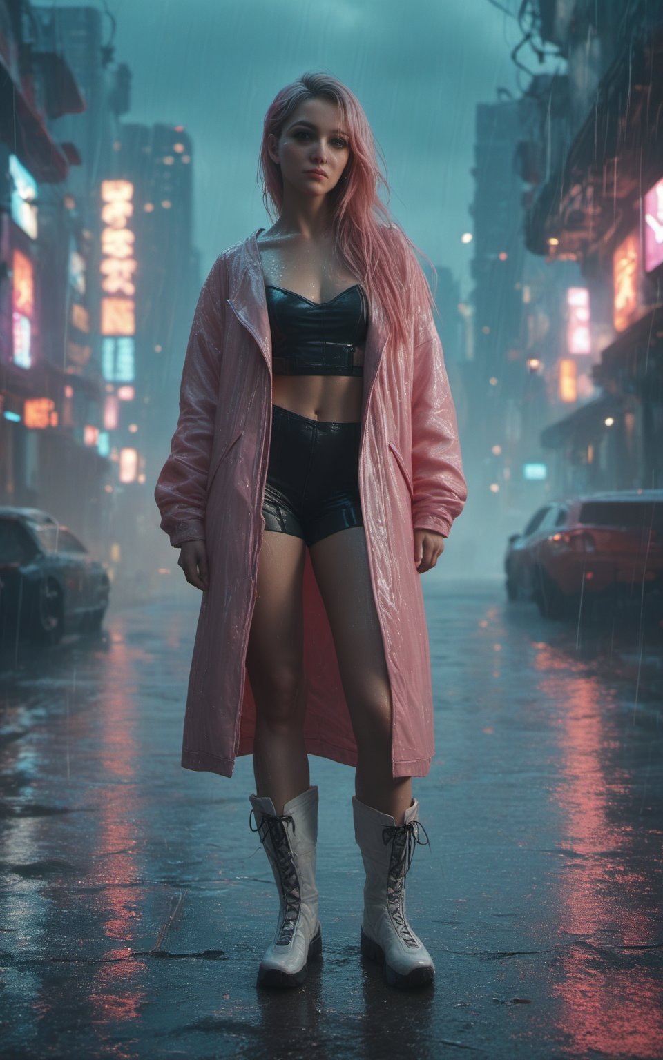 score_9, score_8_up, score_7_up, source_real, beautiful woman, long blond_hair, wearing a pink suit, futuristic long white boots, curvy body, full_body, front view, rainy and cloudy day, cyberpunk city in the background, night, dark, deep background, Extremely Realistic, scenery