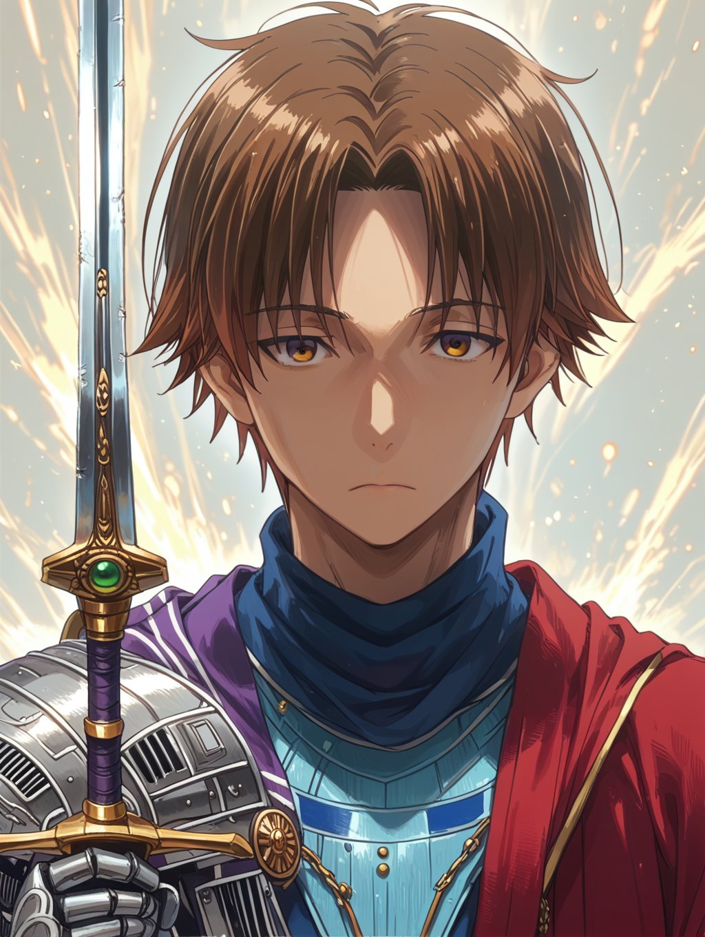 score_9, score_8_up, score_7_up, source_anime,hkstyle, wing, great sword, boy,Seomoon_Yeob,kiyotaka_ayanokouji, brown hair, brown eyes, short hair, parted bangs, golden aura, menace