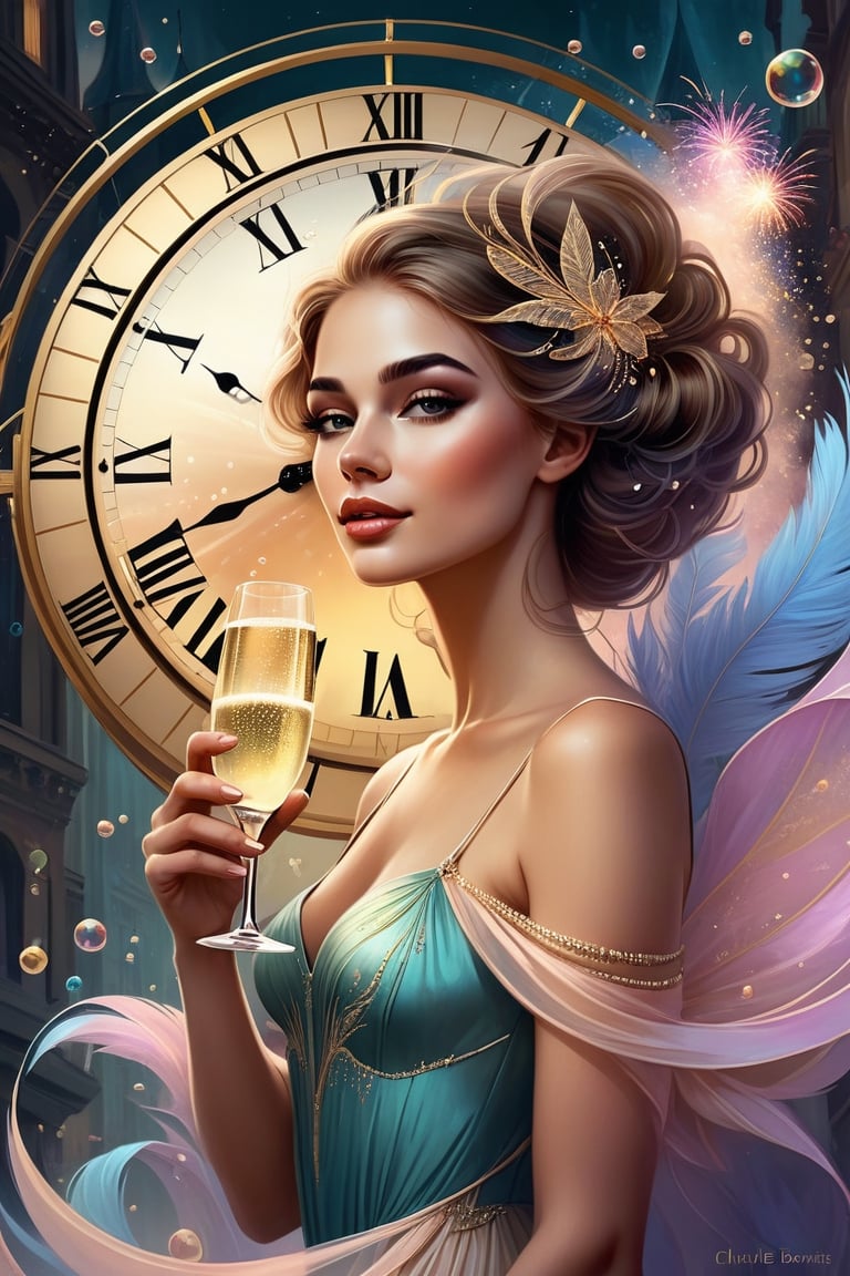 dreamy soft hues || Bold illustration, masquerade, in front of a new years countdown clock, charlie bowater and Gediminas Pranckevicius and victo ngai, surreal fantasy illustration, realistic proportions, complex composition, linework, decorative elements, vector painting, highly detailed, digital illustration, artstation, beautiful, wholesome, nostalgia, high quality || fireworks, champagne bubbles, impossible dream, aesthetic fantasycore art, vibrant soft colors