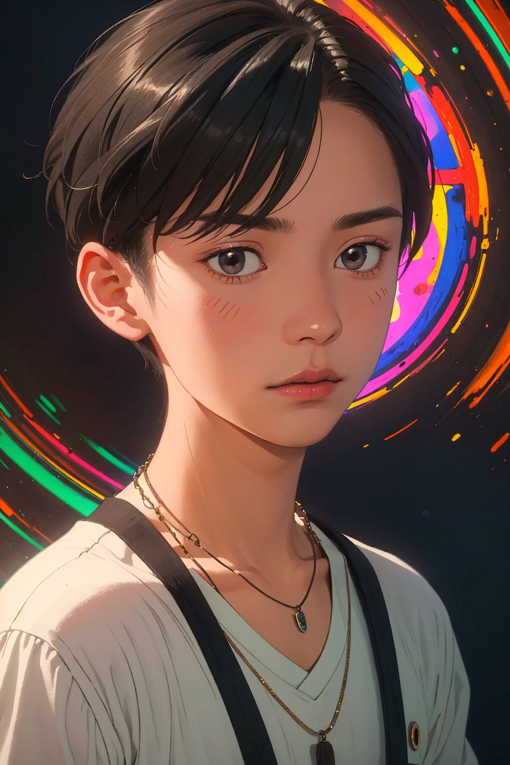 1boy, solo, Hinode, oil painting, impasto, looking at viewer, a young man, 18 years old, short black hair, brown eyes, tribal necklace, urban psychedelic outfit, psychedelic  background, masterpiece, nijistyle, niji, ,sciamano240, soft shading, hinode