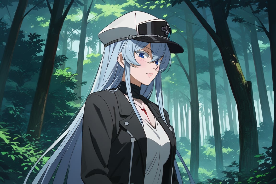 (score_9,score_8_up,score_7_up), 1girl, solo, mature female, aldult, Esdeath, upper body, standing, outdoors, nature, trees, oshi_no_ko_style