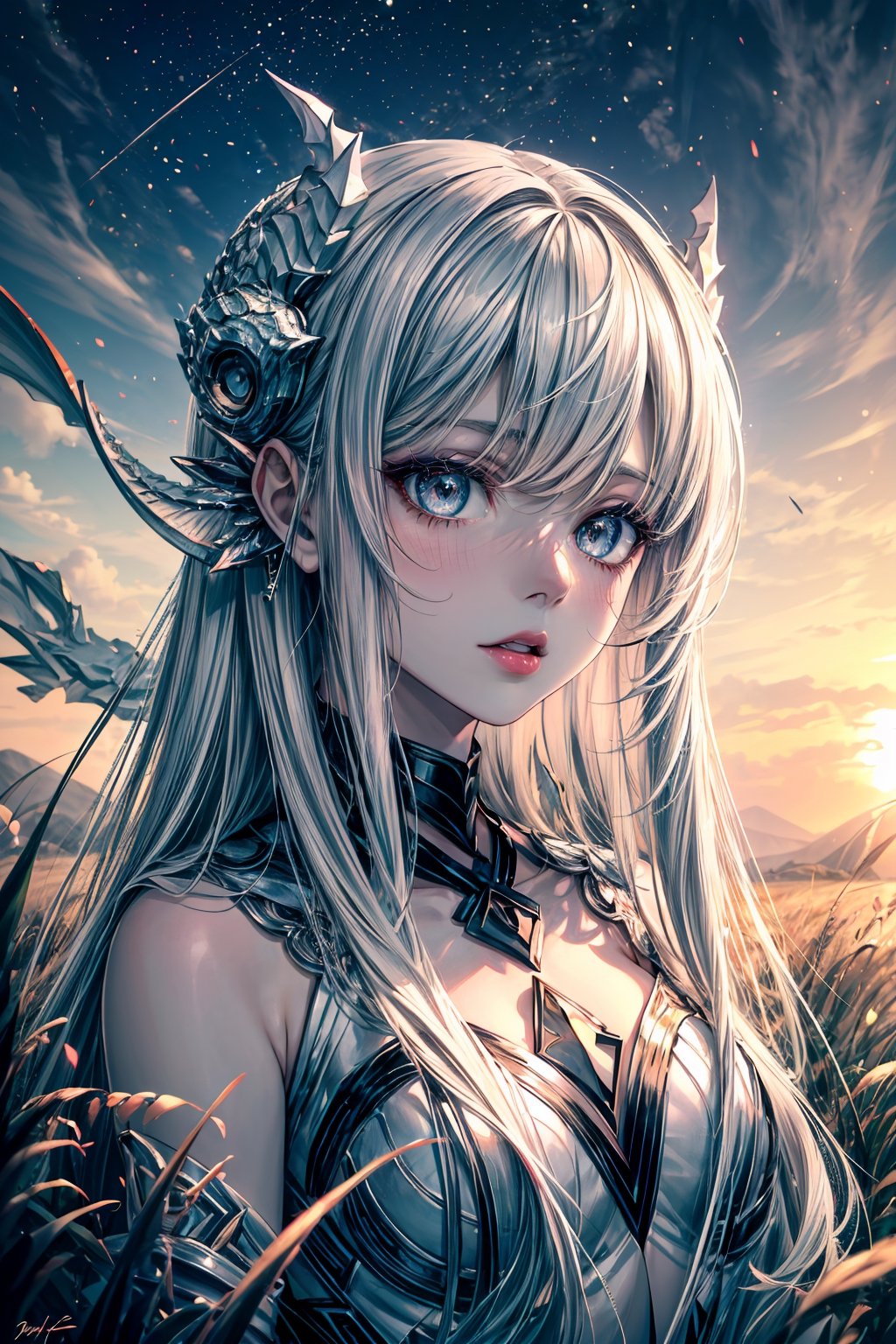 white dragon, white skin, life-size-body, dragon girl, full-length_portrait, night sky, sunset, grass, scenery, highres, high quality, highly detailed, Detailedface