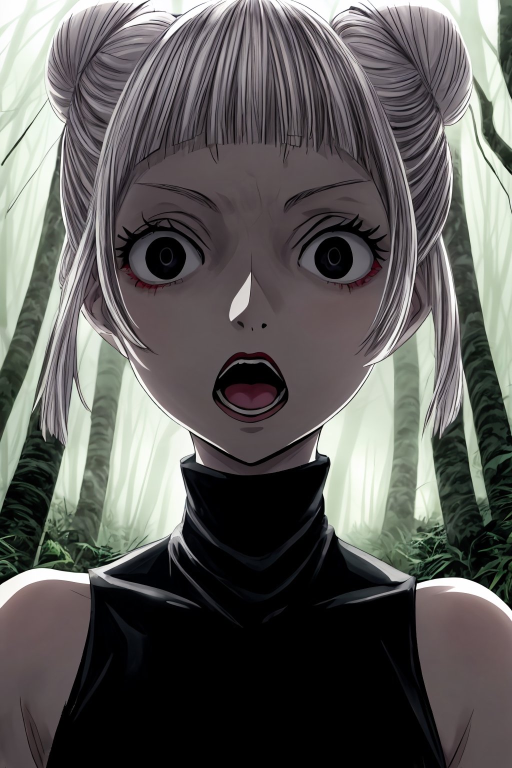 1girl, mature, white hair, short hair, double bun, bangs, black eyes,  gothic makeup, sleeveless black shirt, turtleneck, bare shoulders, sleeveless turtleneck, GoingInsane, close-up, open mouth
BREAK 
outside, jungle forest, trees, grass, foggy, daytime, cold lighting
BREAK 
masterpiece, high quality, best quality, highres