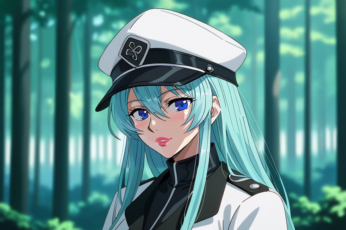 1girl, solo, mature female, aldult, esdeath, aqua hair, upper body, standing, outdoors, nature, trees, depth of field, best quality, amazing quality, very aesthetic, best details, highres, score_9, score_8, score_7,oshi_no_ko_style