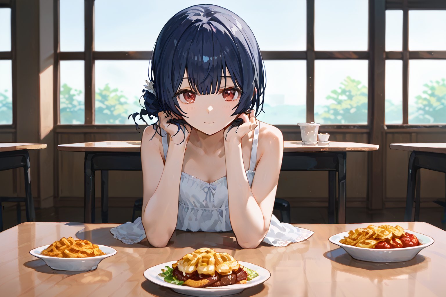 (score_9,score_8_up,score_7_up), 1girl, morino rinze, dark blue hair, single hair bun, red eyes, white dress, sundress,sitting,across table,across table pov,date,date pov,food on table, restaurant, indoor