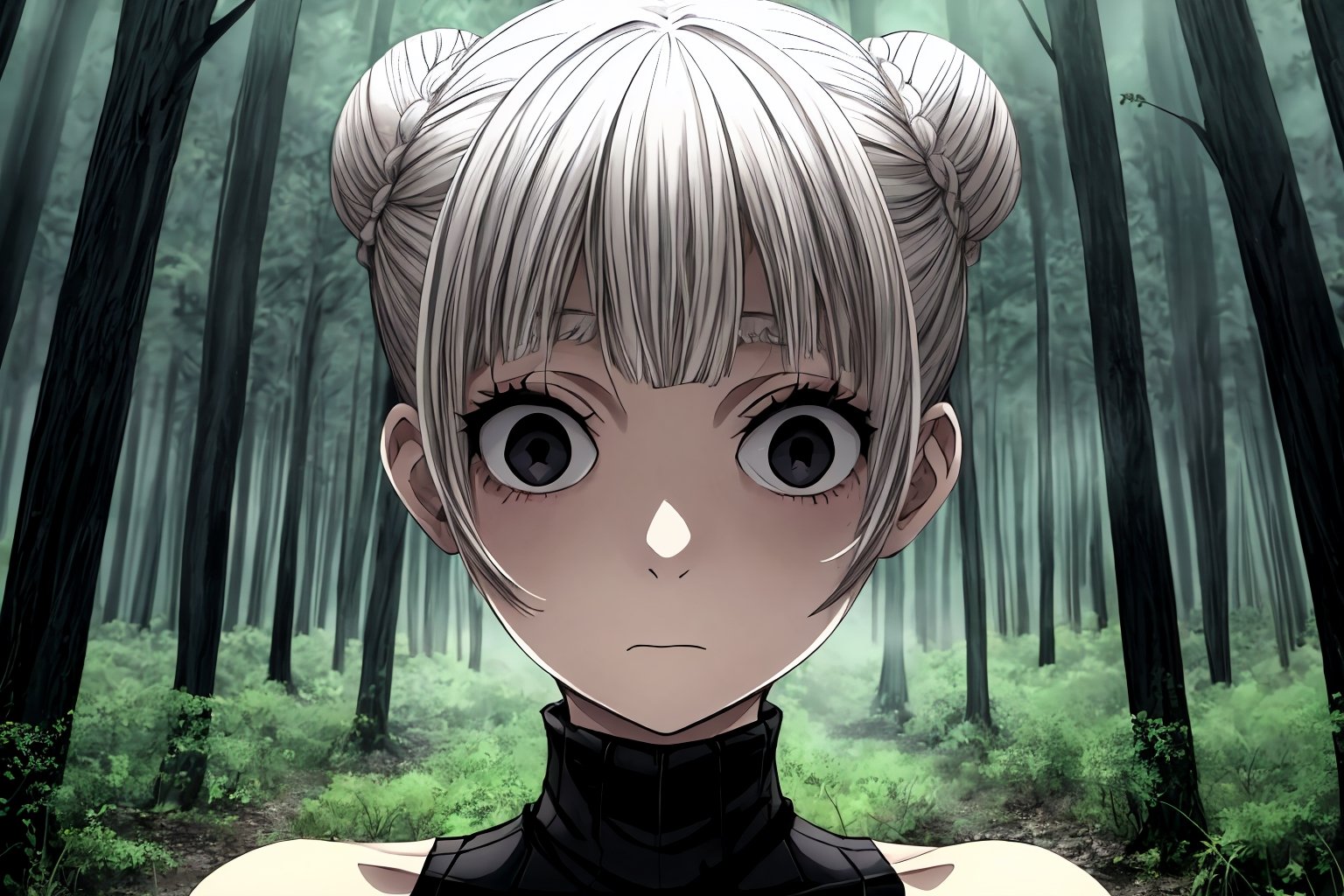 1girl, mature, white hair, short hair, double bun, bangs, black eyes, closed mouth, gothic makeup, sleeveless black shirt, turtleneck, bare shoulders, sleeveless turtleneck, GoingInsane, close-up
BREAK 
outside, forest, trees, grass, fog, daytime, cloudy 
BREAK 
masterpiece, high quality, best quality, highres ,GoingInsane