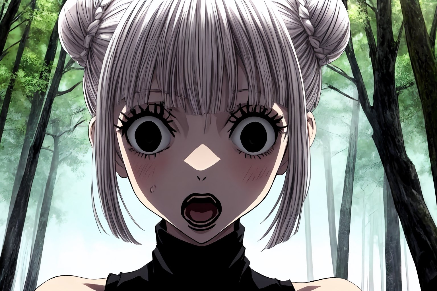 1girl, mature, white hair, short hair, double bun, bangs, black eyes,  gothic makeup, sleeveless black shirt, turtleneck, bare shoulders, sleeveless turtleneck, GoingInsane, close-up, open mouth
BREAK 
outside, forest, trees, grass, fog, daytime, cloudy 
BREAK 
masterpiece, high quality, best quality, highres ,GoingInsane