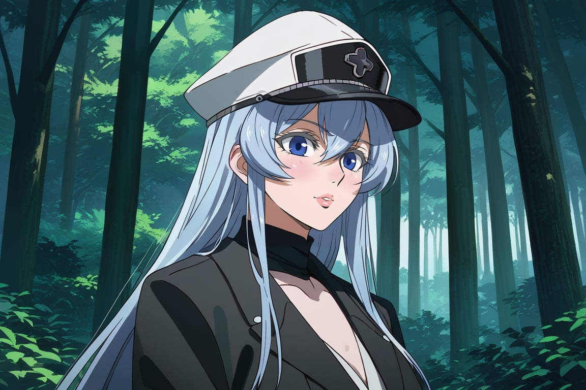 (score_9,score_8_up,score_7_up), 1girl, solo, mature female, aldult, Esdeath, upper body, standing, outdoors, nature, trees, oshi_no_ko_style