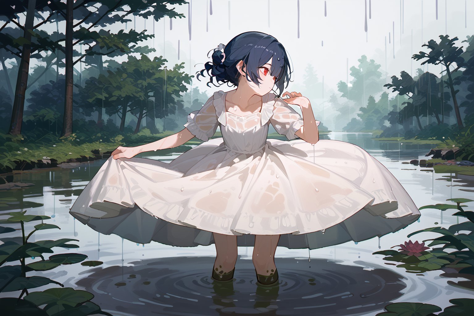 (score_9,score_8_up,score_7_up), morino rinze, 1girl, dark blue hair, single hair bun, red eyes, white dress, sundress, skirt hold bowing, outdoor, tress, river, forest, rainy, wet, mud