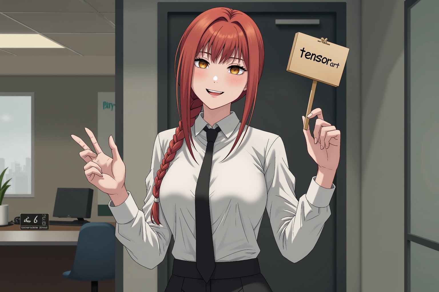 Photorealiatic, flux_makima, woman, collared shirt, white shirt, black necktie, black pants, red hair, single braid, in the office holding a sign with the text: "tensor art", smiling evilly 