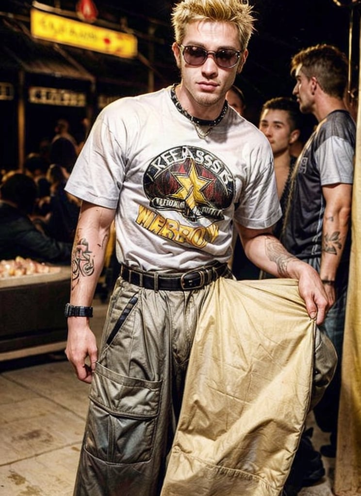 thin rockstar man, handsome, Gen X Club, 1990s, 1guy, tattoos, vibes, hot, sports graphic tee, jnco cargo pants, studded belt, photography, flash, blonde hair, detailed, HD, realistic, full lighting, looking at the viewer