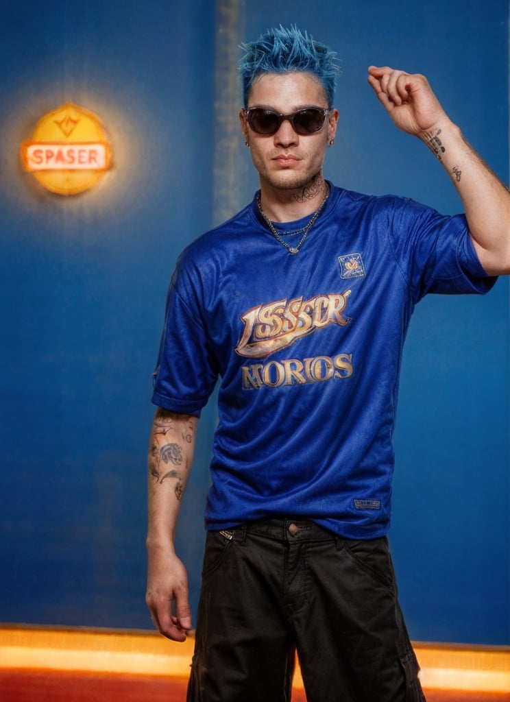 thin rockstar man, handsome, Gen X soft Club, old skool, 1990s, 1guy, tattoos, vibes, hot, sports jersey, jnco cargo pants, studded belt, photography, flash, blue hair, detailed, HD, realistic, full lighting, looking at the viewer, European male, futuristic, teenage spirit