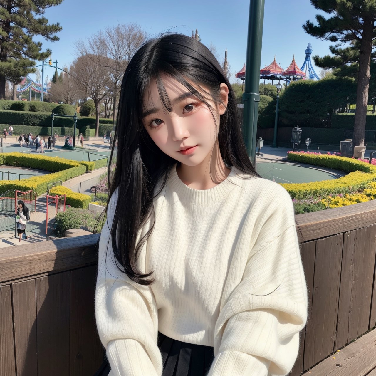 1 girl, solo, long black hair,Puppy-like face,  best quality, detailed eyes, asian eyes,white crew sweater, matte 
 pleated tennis skirt,girlfriend, outdoors, garden, high quality,amusement parks background, very detailed