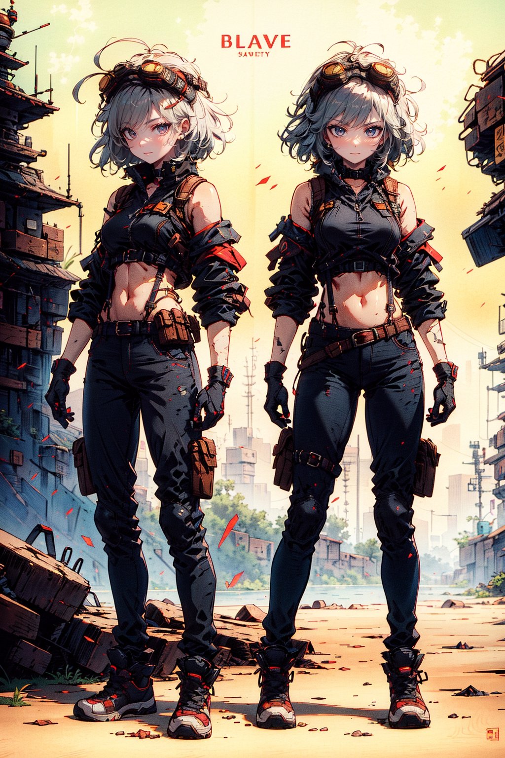 1girl, breasts, looking at viewer, short hair, bangs, gloves, navel, bare shoulders, medium breasts, standing, full body, ahoge, white hair, grey hair, parted lips, shoes, black gloves, elbow gloves, midriff, belt, pants, fingerless gloves, character name, english text, crop top, grey eyes, multiple views, black pants, suspenders, goggles, sneakers, pouch, reference sheet, character profile