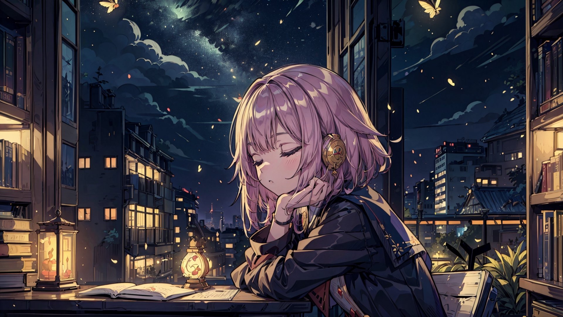 (((Masterpiece))),(((Best quality))),((Super-detailed)),(Best illustration),(Best shading),((Extremely Exquisite and beautiful)), Exterior cityscape with tall buildings, night, library with windows,Yae miko,girl,chair,table, sleeping,music box,1girl,raven,firefliesfireflies