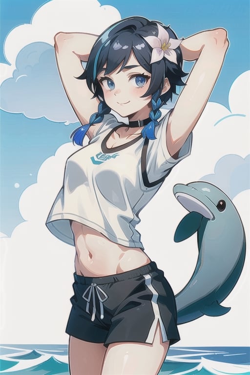 solo, looking at viewer, smile, bangs, blue eyes, black hair, hair ornament, 1boy, navel, closed mouth, blue hair, braid, flower, short sleeves, male focus, sidelocks, multicolored hair, beach, dolphin shorts, alternate costume, choker, cloud, hair flower, twin braids, only white crop top,  gradient hair, black dolphin shorts,  otoko no ko, short hair with long locks, short, shorts, androgynous, venti \(genshin impact\),ventidef, white skin, male, AAA cup, groin bulge, armpits, arms up, stretching, close shot