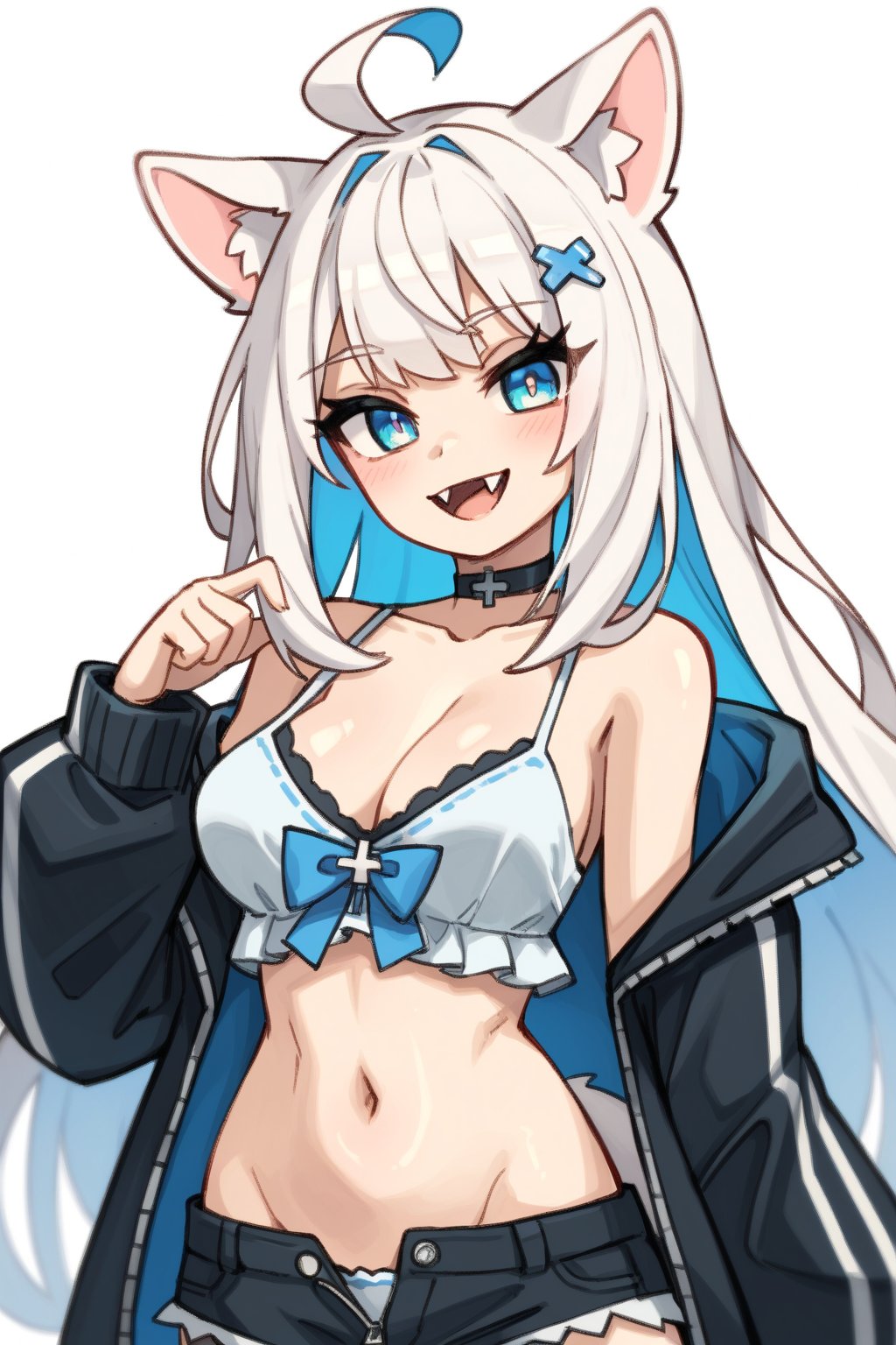 1girl, stoat girl, solo, ((white hair)), very long hair, blue eyes, (straight hair), (bangs), animal ears, (stoat ears:1.2),
 Choker, fangs, (big stoat Tail:1.2), (blue X hairpin), (White collared sleeveless top, (blue chest bow), (standing straight) 
(black hooded oversized jacket:1.2), (jacket zipper half unzipped), (black short pants) (Off the shoulders), solo, breasts, looking at viewer, blush, bangs, simple background, hair ornament, white background, navel, cleavage, medium breasts, collarbone, jacket, upper body, multicolored hair, virtual youtuber, hood, camisole, cropped torso, colored inner hair, black camisole, vivid color, masterpiece, best quality, amazing quality, very aesthetic, absurdres, depth of field, score_9, score_8, score_7, score_6, Gerph_style