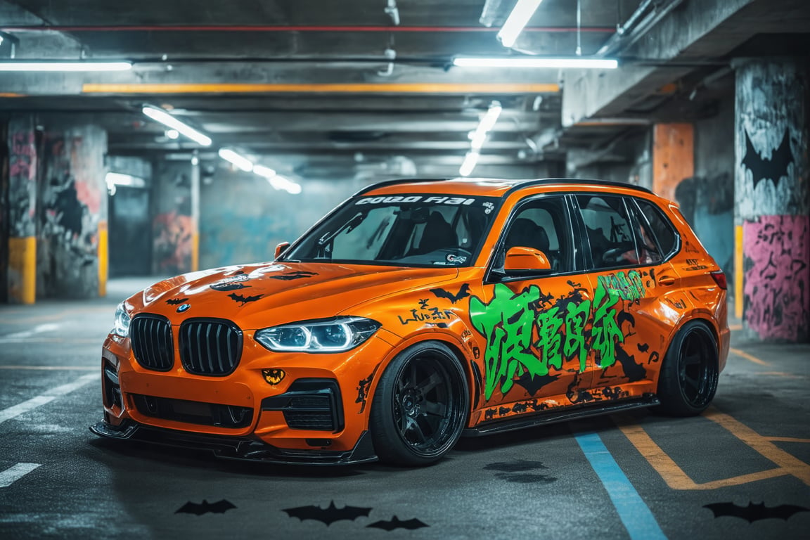 A Midjourney Raw Image Style of a wide-body,  orange drift BMW X5,  featuring green Japanese characters written on it by V...