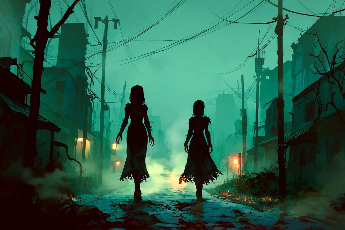 score_9, score_8_up, score_8_up,1girl, night club dress, walking along a deserted street in silent hill city, fog, smoke, unclear shadows of monsters in the depths of the fog, translucent images, fear, horror, silent hill,Sairento Hiru style,