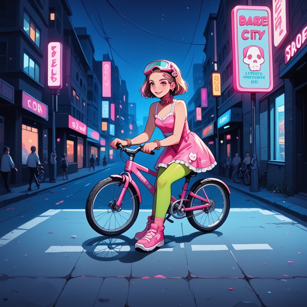 score_9, score_8_up, score_7_up, score_6_up, rating explicit, 1 girl riding a bicycle on the street,, 20 y o, decora girl, pastle-colored clothes, pink dress with frills to the knees, green tights, plump face, little breasts, disheveled bob hairstyle, pink hair, hairpins in the shape of beige dogs on the head ears, pill-shaped hairpins on the head, wide hips, a lot of bracelets on the hands, a lot of bracelets, a soft pink dog collar, pink ski goggles hanging on the neck, soft pink makeup, glitter on the cheeks, pink shoes,  smiling, sweet, beautiful ,c0l0urc0r3,BarbieCore, riding a bicycle on the street, city at night, night, neon lights, neon signs, background bokeh, night city lights,colorful,jewelry