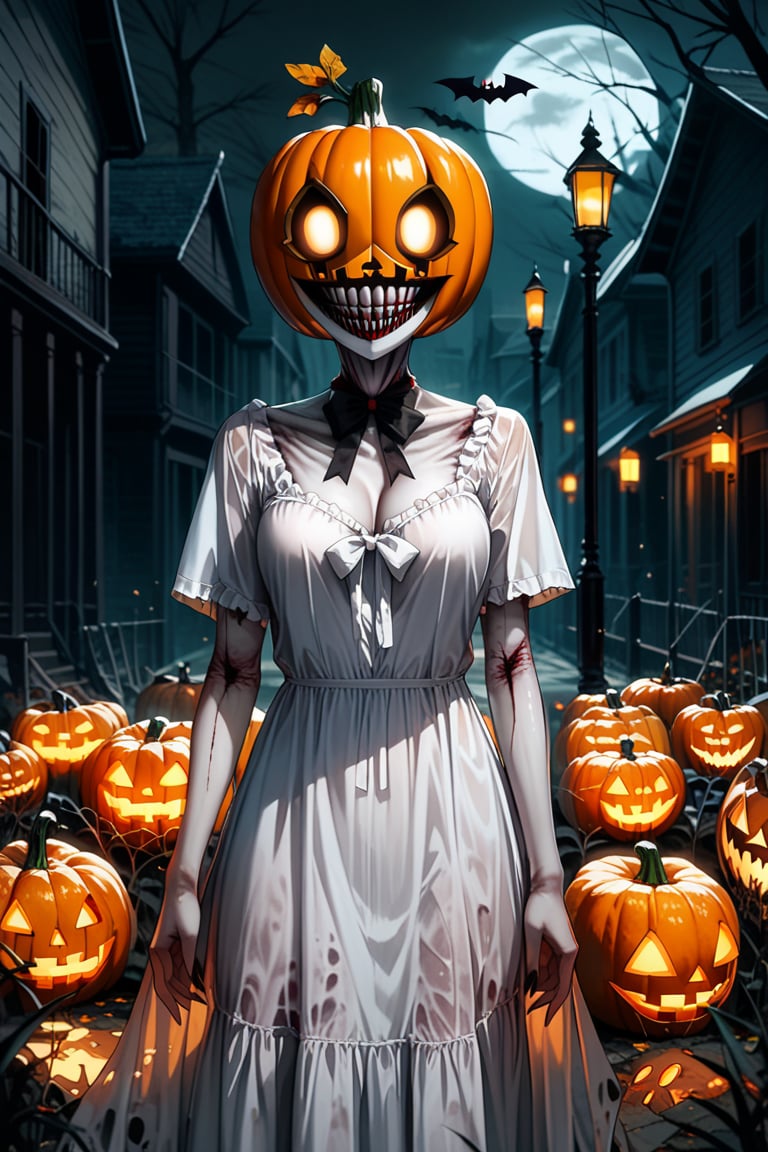 score_9, score_8_up, score_7_up, source_anime, city, spooky helloween nightmare, 1 girl, Halloween ghost dress, decent white dress, Halloween pumpkin helmet with a sinister grin on her head, pumpkin helmet,Suika2XL, dark art, dark shadows, creepy, horror, scary, nightmare, body horror, 