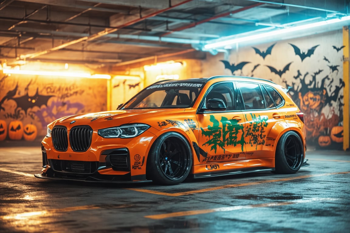 A Midjourney Raw Image Style of a wide-body,  orange drift BMW X5,  featuring green Japanese characters written on it by V...