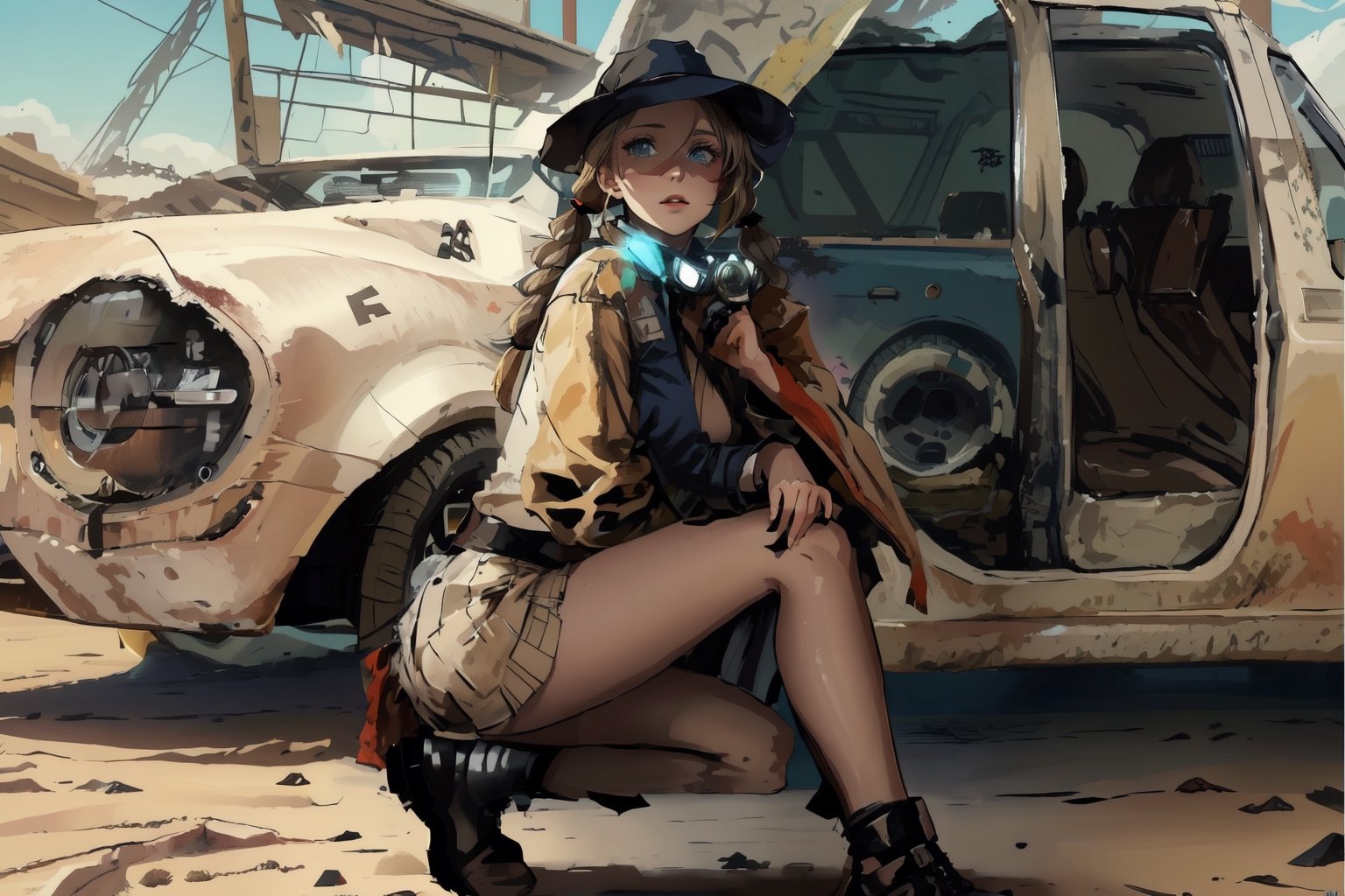 a young beautiful girl with short disheveled pigtails, she is dressed in the clothes of a post-apocalyptic raider with a skirt, a post-apocalyptic car from the movie Mad Max, a car made from scrap metal, a car made from parts of different cars, a car made from spare parts of various cars, a machine gun is installed on the roof of the car, crossout, crossout craft, post-apocalypse, wasteland, devastation, in the background there is a deserted city covered with sand, the houses in it are dilapidated, high resolution, ASU1, bondage outfit,5N 