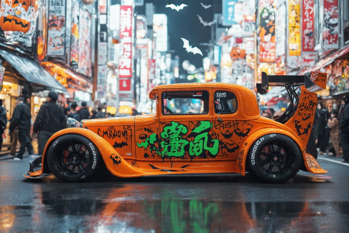 A Midjourney Raw Image Style of a wide-body,  orange drift Ford Model T,  featuring green Japanese characters written on i...