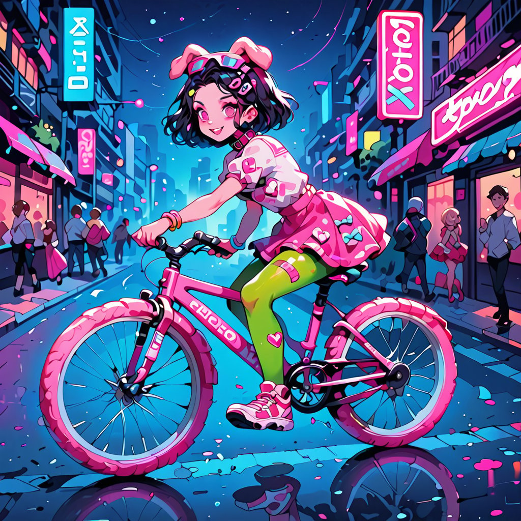 score_9, score_8_up, score_7_up, score_6_up, rating explicit, 1 girl riding a bicycle on the street,, 20 y o, decora girl, pastle-colored clothes, pink dress with frills to the knees, green tights, plump face, little breasts, disheveled bob hairstyle, pink hair, hairpins in the shape of beige dogs on the head ears, pill-shaped hairpins on the head, wide hips, a lot of bracelets on the hands, a lot of bracelets, a soft pink dog collar, pink ski goggles hanging on the neck, soft pink makeup, glitter on the cheeks, pink shoes,  smiling, sweet, beautiful ,c0l0urc0r3,BarbieCore, riding a bicycle on the street, city at night, night, neon lights, neon signs, background bokeh, night city lights,colorful,jewelry