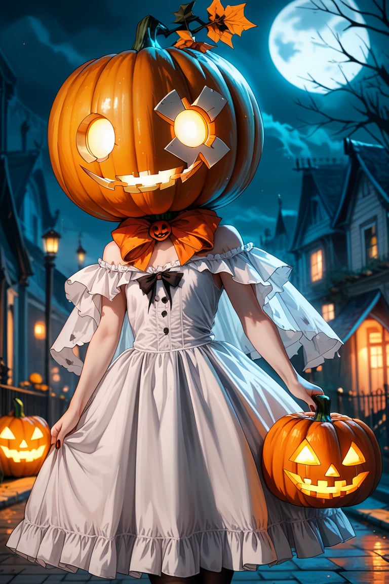 score_9, score_8_up, score_7_up, source_anime, city, spooky helloween nightmare, 1 girl, Halloween ghost dress, decent, Halloween pumpkin helmet with a sinister grin on her head, pumpkin helmet