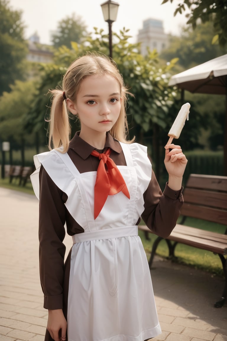 1girl,blonde,twintails,(solo:1.5),theme park.holding Popsiclewhite apron,brown dress,(long sleeves:1.1),red neckchief,cccpuniform        , score_9, score_8_up, score_7_up, score_6_up, score_5_up, score_4_up,zPDXL,CCCPuniform