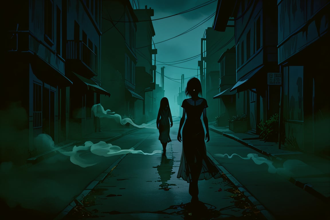 score_9, score_8_up, score_8_up,1girl, night club dress, walking along a deserted street in silent hill city, fog, smoke, unclear shadows of monsters in the depths of the fog, translucent images, fear, horror, silent hill,Sairento Hiru style,