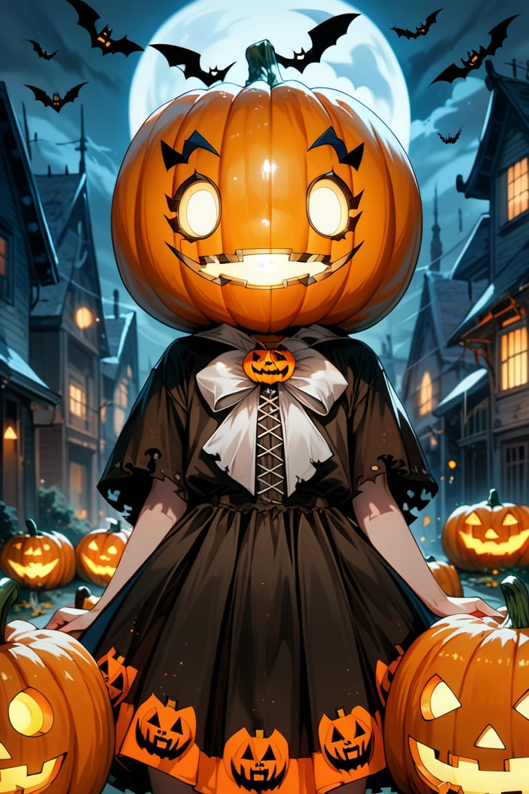 score_9, score_8_up, score_7_up, source_anime, city, spooky helloween nightmare, 1 girl, Halloween ghost dress, decent, Halloween pumpkin helmet with a sinister grin on her head, pumpkin helmet,Suika2XL