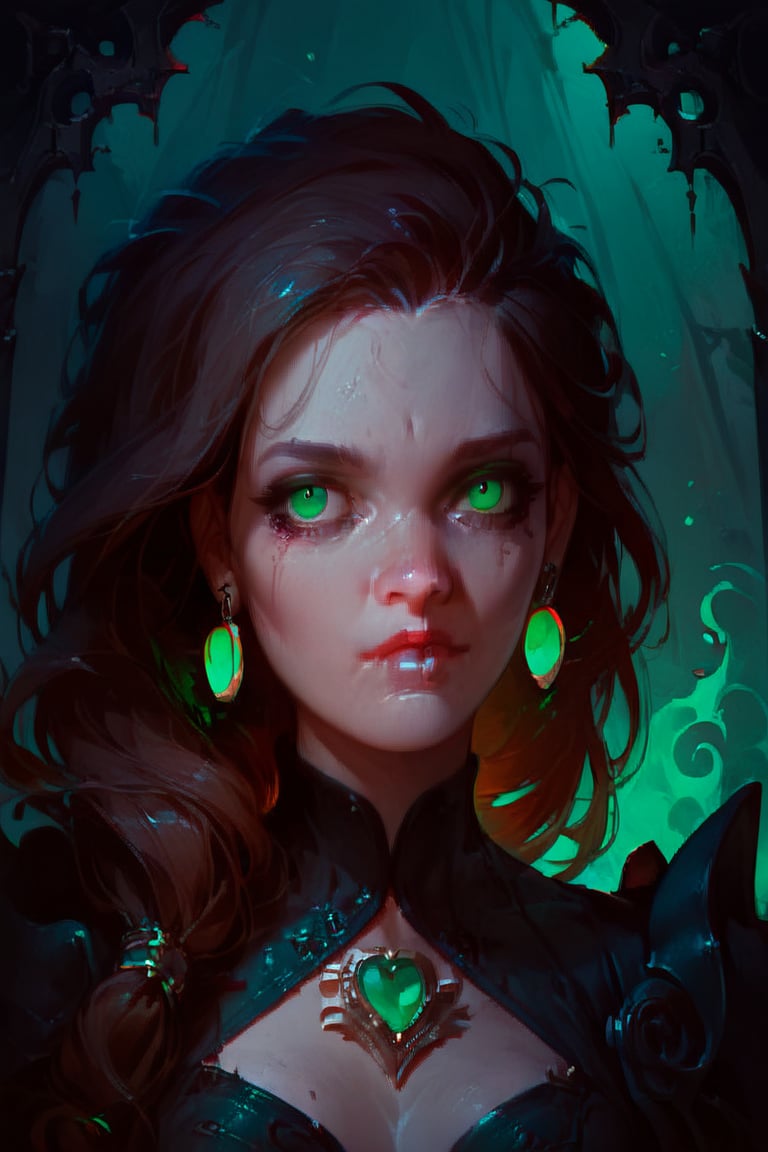 score_9, score_8_up, score_7_up, 1girl, Elena, brown hair, green eyes, portrait, chirch of pain on the background, Expressiveh, concept art, dark theme,