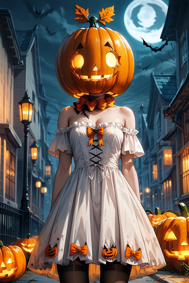 score_9, score_8_up, score_7_up, source_anime, city, spooky helloween nightmare, 1 girl, Halloween ghost dress, decent white dress, Halloween pumpkin helmet with a sinister grin on her head, pumpkin helmet,Suika2XL