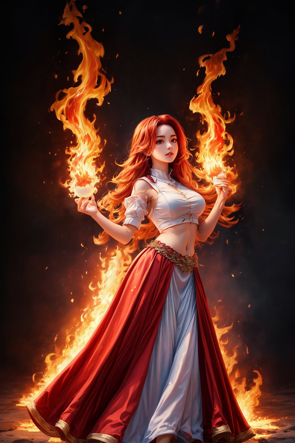 (masterpiece, high quality:1.5), (8K, HDR), masterpiece, best quality, 1girl, long red hair, red and white Long skirt set,solo, full_body, blazing light blue fire  background, FuturEvoLabFlame, 