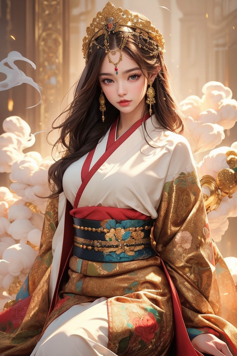 busty and sexy girl, 8k, masterpiece, ultra-realistic, best quality, high resolution, high definition, The figure wears an FLOWER headdress adorned with gold accents and pearls. LOW-CUT, FLOWER PATTERN KIMONO. Gold embroidery and gemstones create a sense of luxury. The fabric drapes elegantly, suggesting a flowing robe or gown. The overall color palette—rich golds and glowing whites. COLORFUL SMOKE BACKGROUND.