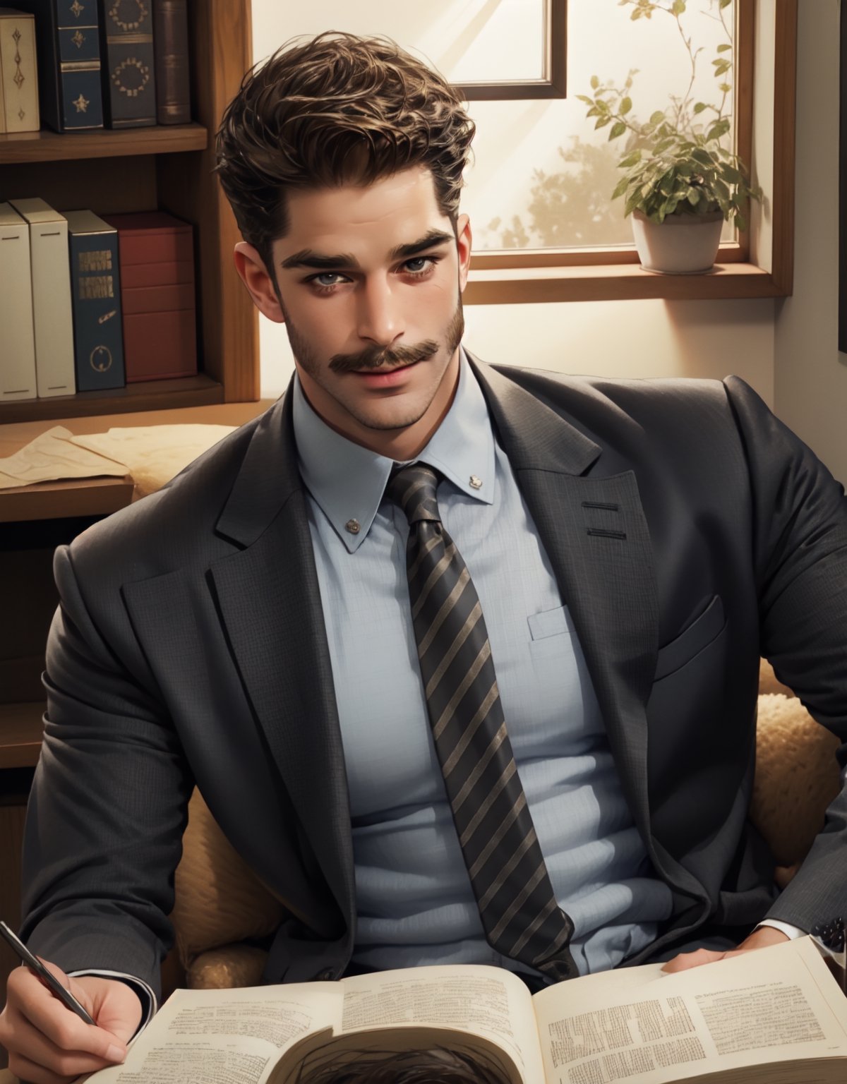 image of 1 man in suit and tie sitting in a chair on his office desk, retro office, 1970s, stock exchange, mustache, mutton chops, looking at the viewer, with his hands on the ground, crooked nose, european, biting his lips, seductive smile, hazel eyes, handsome, tanned muscular body, blushing, alluring, charming, mutton chops, romantic, homoerotic, 8k, masterpiece, mature, 35 years old, short hair, very hairy chest, dadcore, cute, light rays, very dramatic, cinema, dadcore, light rays,perfecteyes