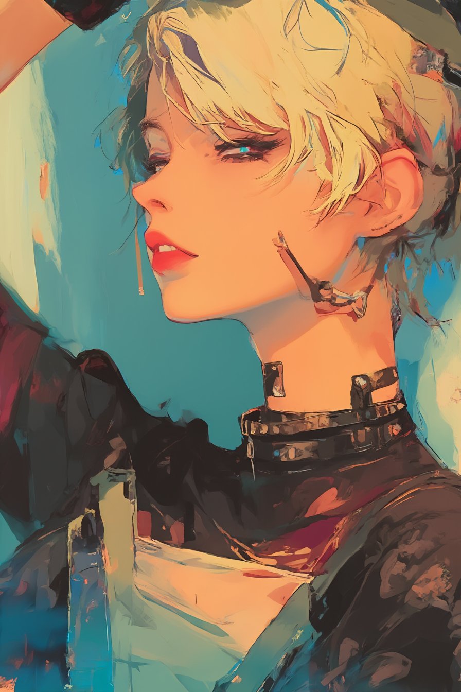 rule of thirds, flat colors illustration, blond short hair female scandinavian model wearing short black crop top, black choker, broken arm in medical armsling, harsh light