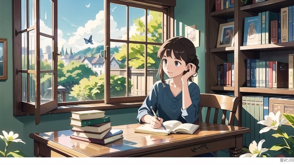 masterpiece, best quality, nice hands, perfect hands, 1girl, ghibli studio style,ghibli style.

butterflies, books, bookshelves, study table.

spring, positive things related to spring. 